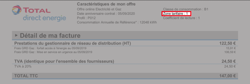 facture zone tarifaire