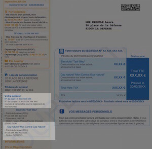 numéro PCE et compteur sur une facture